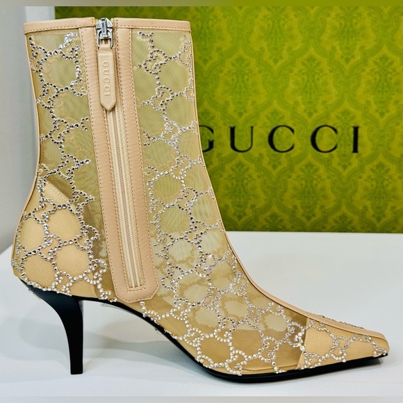 New! Gucci Demi Crystal Mesh Ankle Boots Beige Mid Heel Size EU-38.5 RETAIL$2950 - Picture 2 of 15